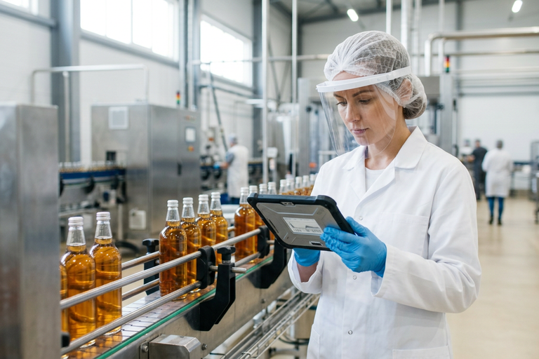 a frontline worker running a quality inspection on a handheld tablet