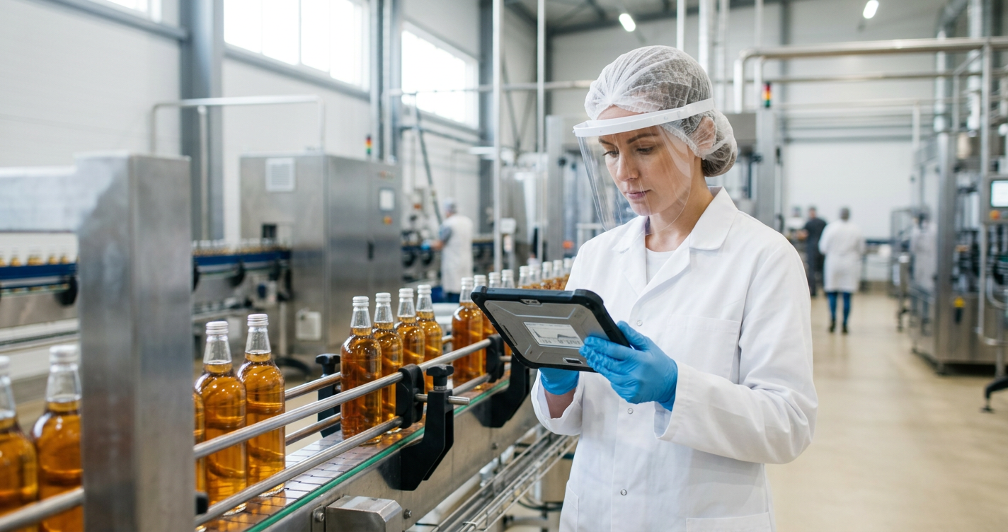 a frontline worker running a quality inspection on a handheld tablet
