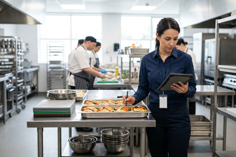 a quality inspector with a tablet checking product