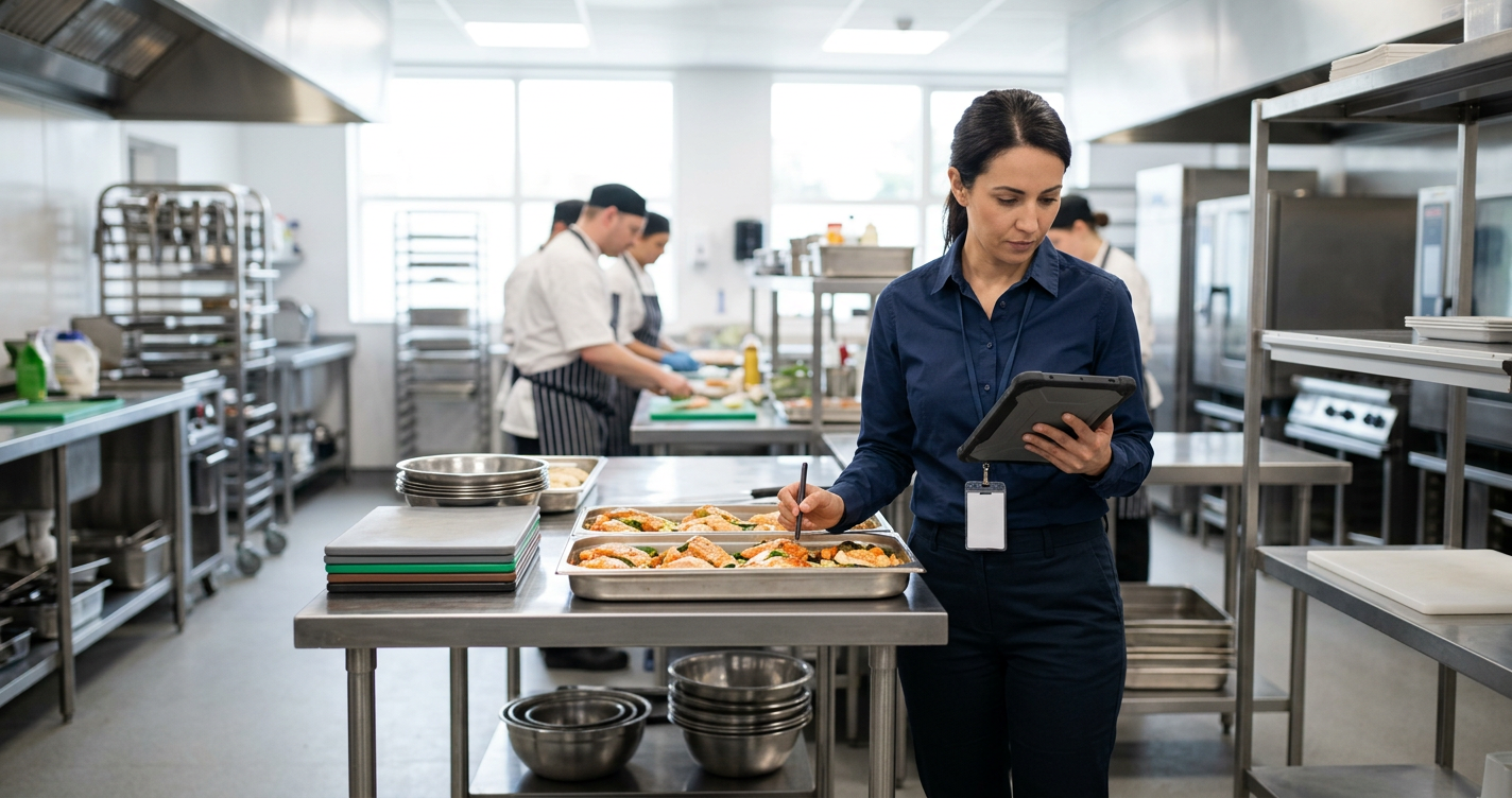 a quality inspector with a tablet checking product